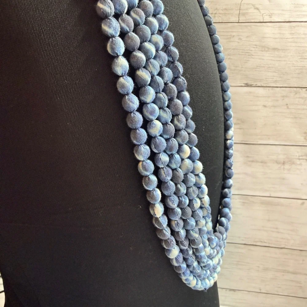 Indigo Blue Tie Dye Cloth Bead Multi Strand Statement Necklace Boho 5 Strand